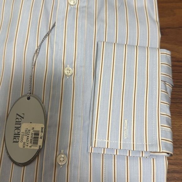 NWT Zanella Mens Shirt Blue Tan Stripe Long Sleeve Button Up w/French Cuff. - Picture 3 of 10